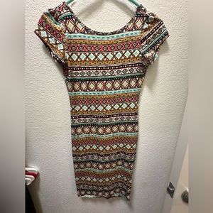 Aztec print bodycon deep scoop-neck back dress